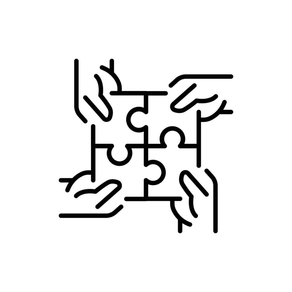 Hands connecting puzzle icon. Simple outline style. 4 hands connecting four puzzle pieces into a full square, community concept. Thin line symbol. isolated. vector