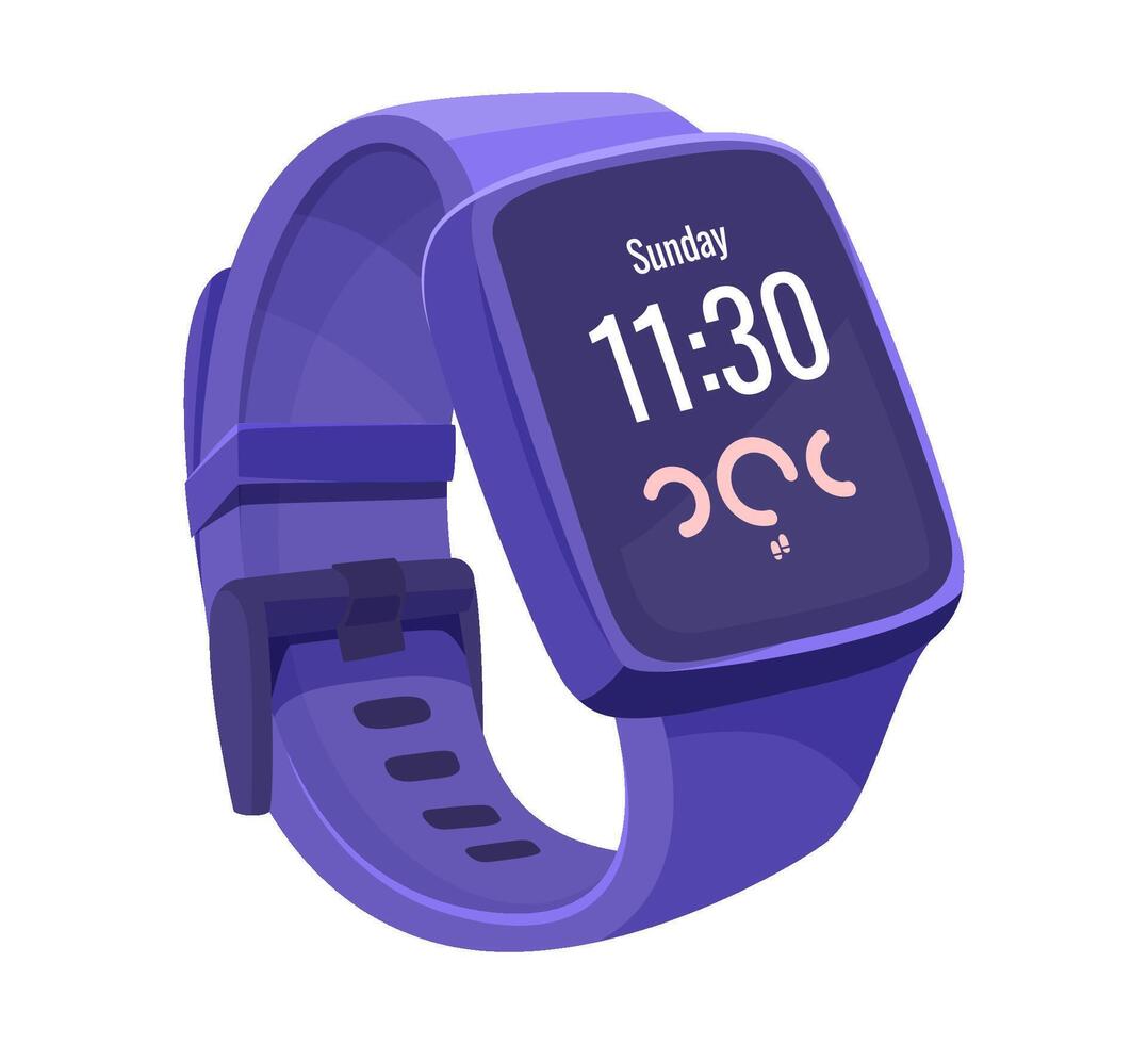 Purple smartwatch showing time and footsteps. Digital illustration of wearable technology. Fitness and time management concept. vector