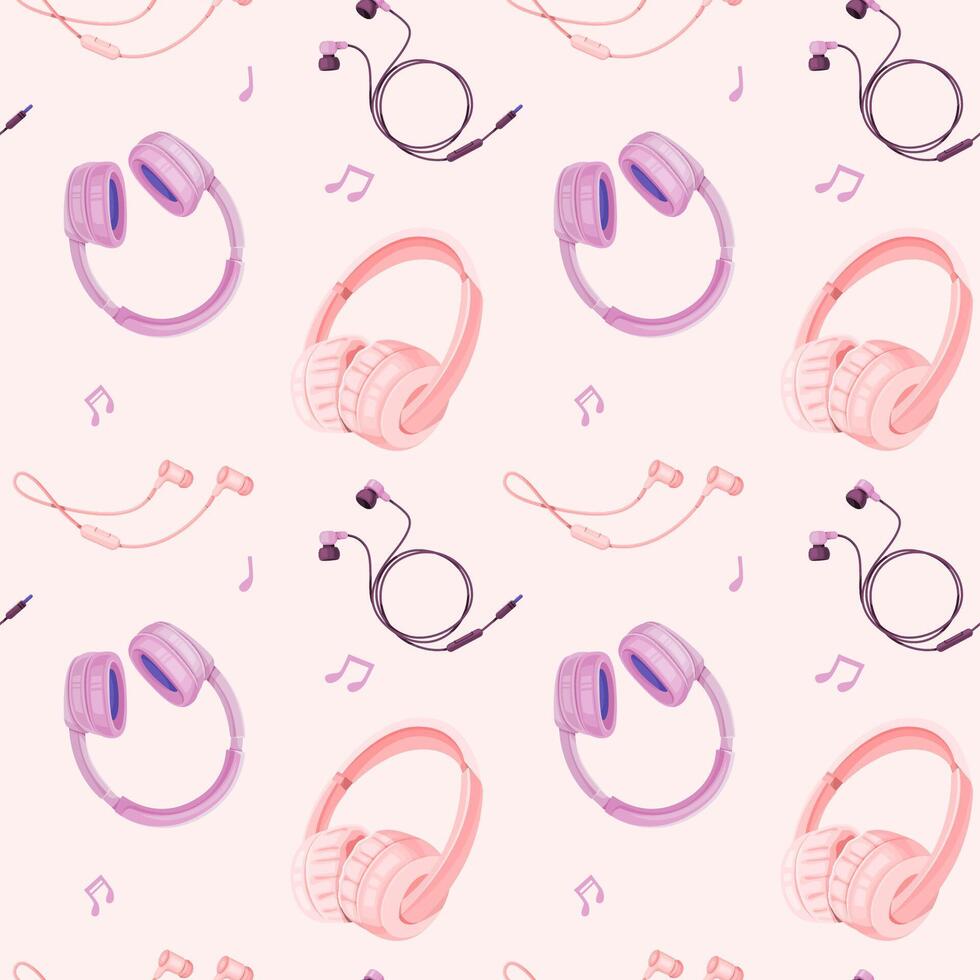 Pattern of headphones and earphones on pink background. Seamless design of music accessories. vector