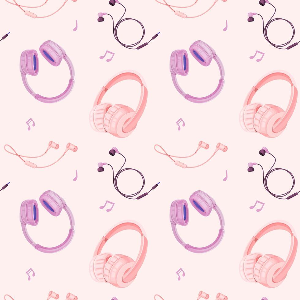 Pattern of headphones and earphones on pink background. Seamless design of music accessories. vector