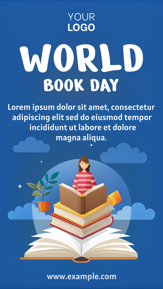 A poster for World Book Day featuring a girl reading a book psd