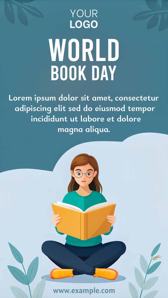 A woman reading a book. The poster is for World Book Day psd
