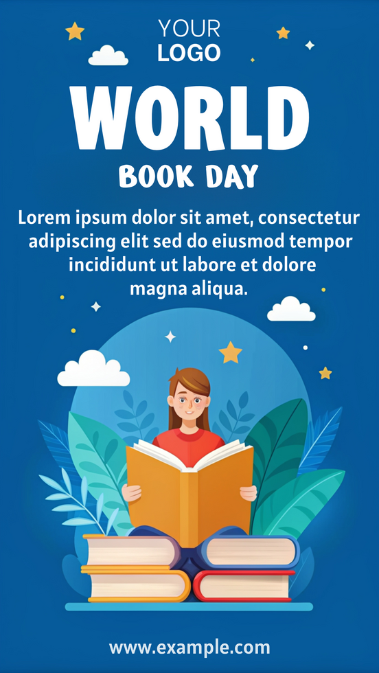 A poster for World Book Day featuring a girl reading a book psd