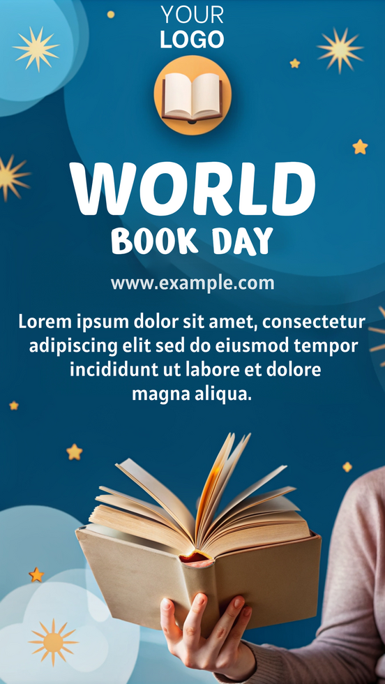 A poster for World Book Day featuring a person holding a book psd