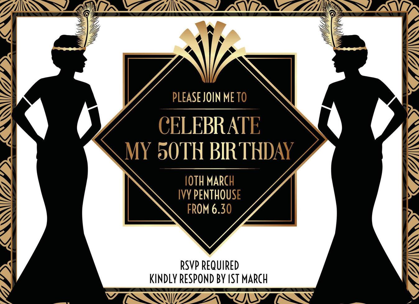 Geometric Gatsby Art Deco Style Birthday Invitation Design with Woman vector