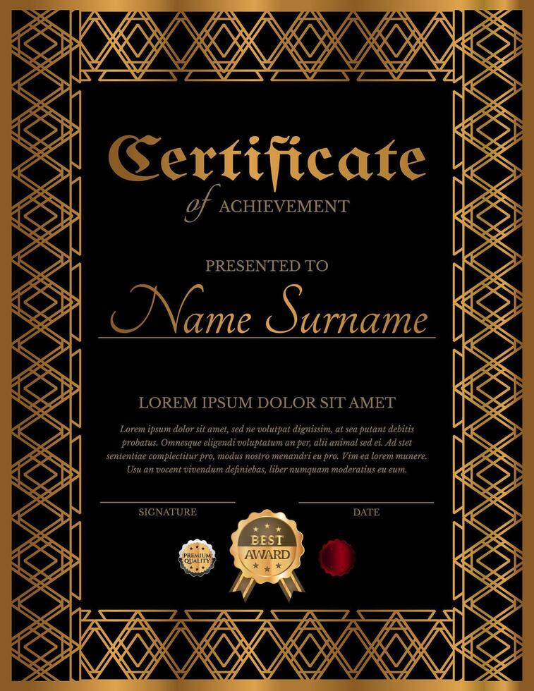 Vertical Certificate Design in Classic Elegant Style ang Black Gold Color vector