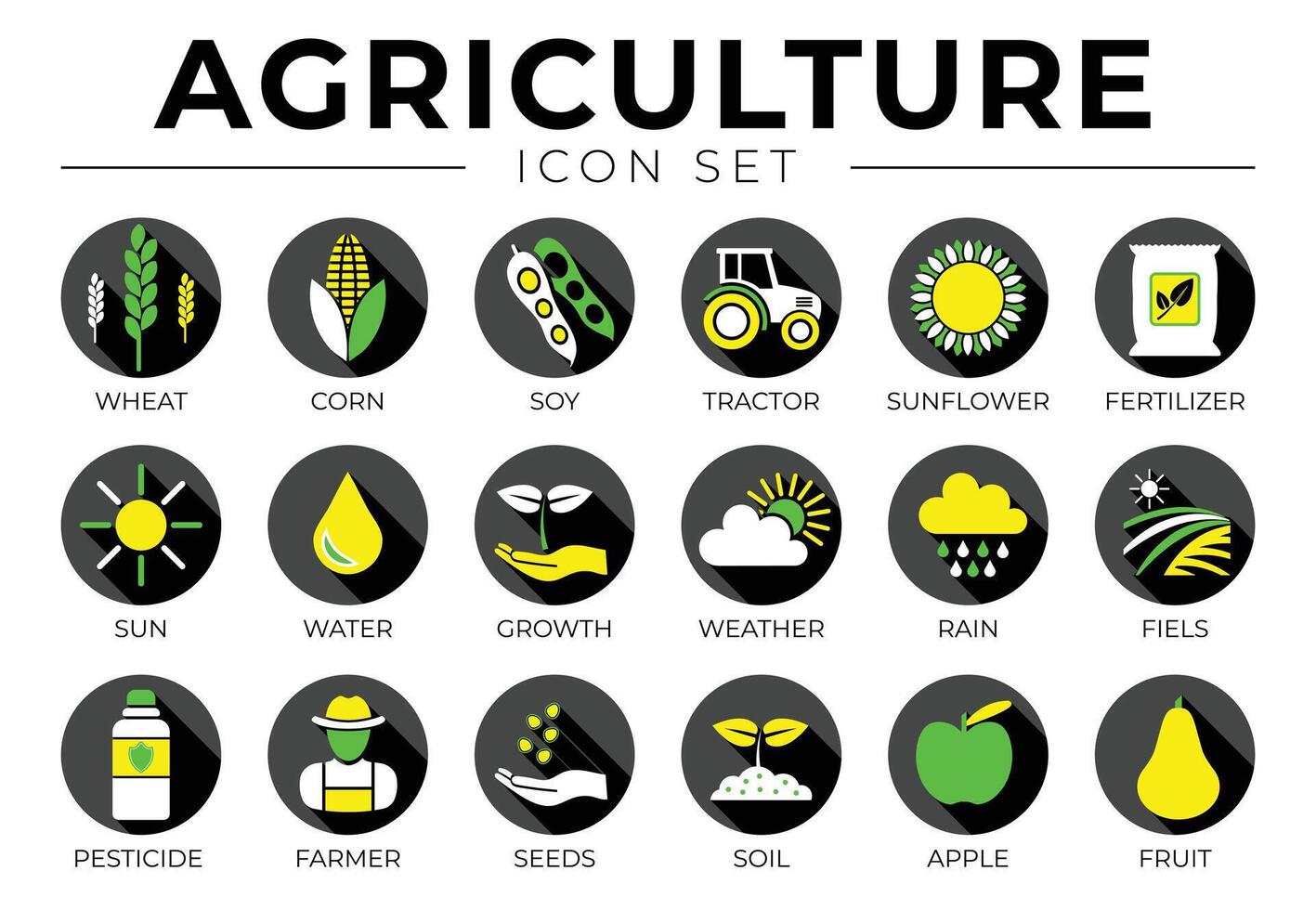 Black Agriculture Round Icon Set of Wheat, Corn, Soy, Tractor, Sunflower, Fertilizer, Sun, Water, Growth, Weather, Rain, Fields, Pesticide, Farmer Seeds, Soil, Apple, Fruit Icons. vector