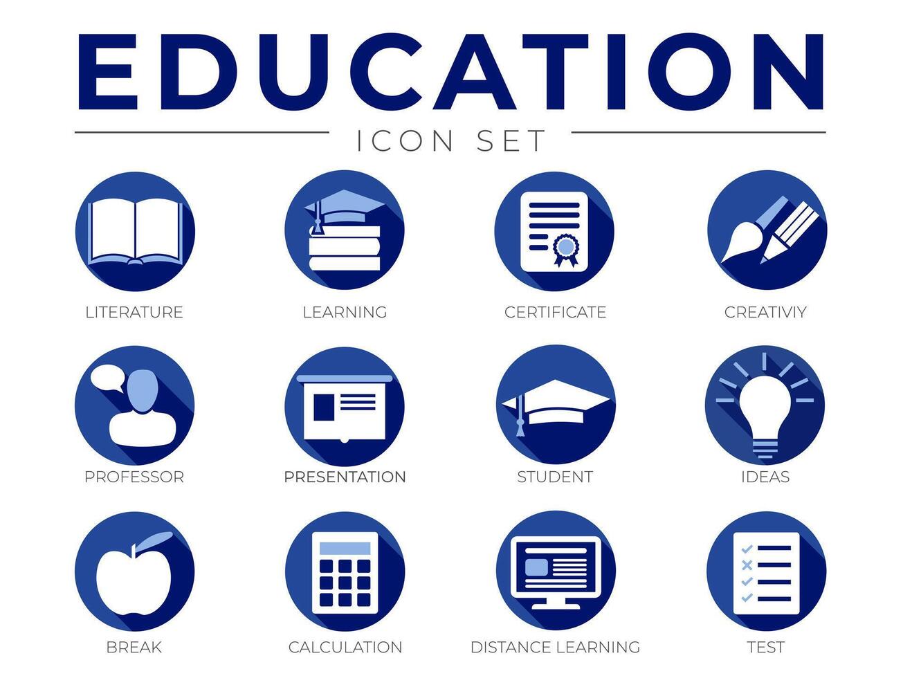 azul educación icono conjunto con literatura, aprendiendo, certificado, creatividad, presentación y distancia aprendizaje prueba íconos vector