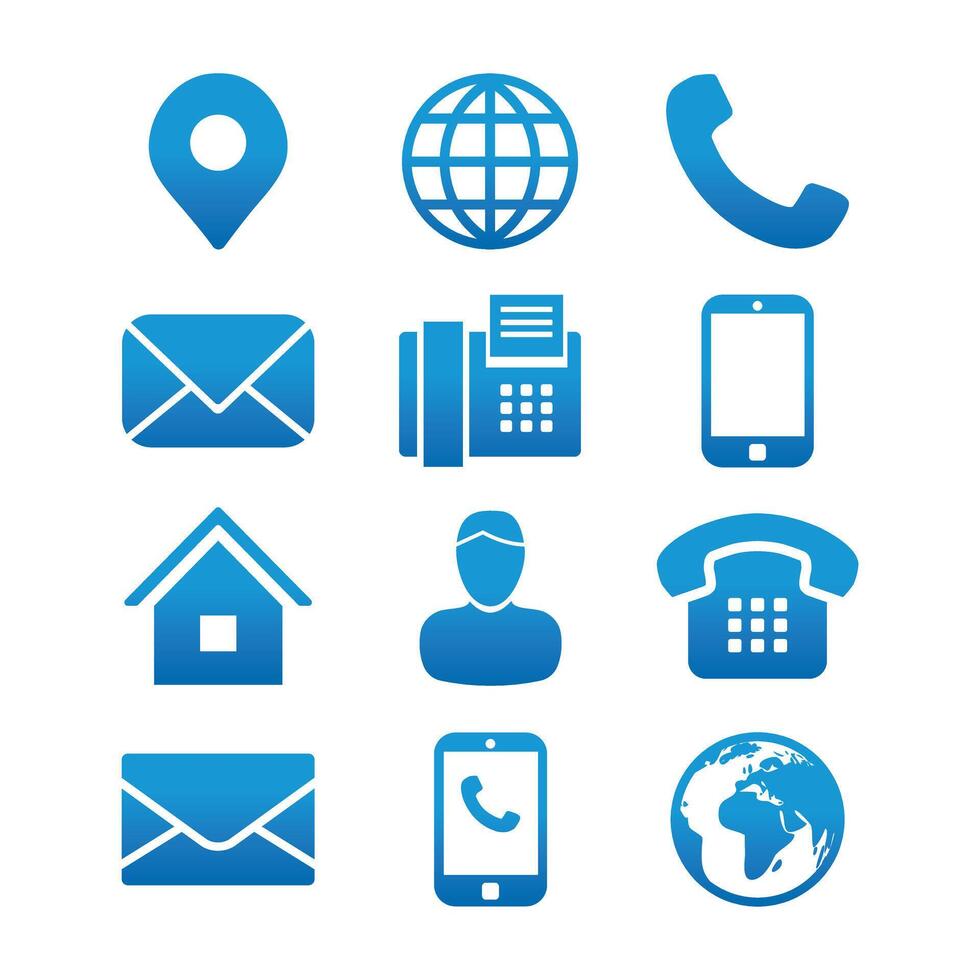 Contact Info Icon Set with Address Pin, Phone, Fax, Cell Phone, Worker and Email Icons. vector