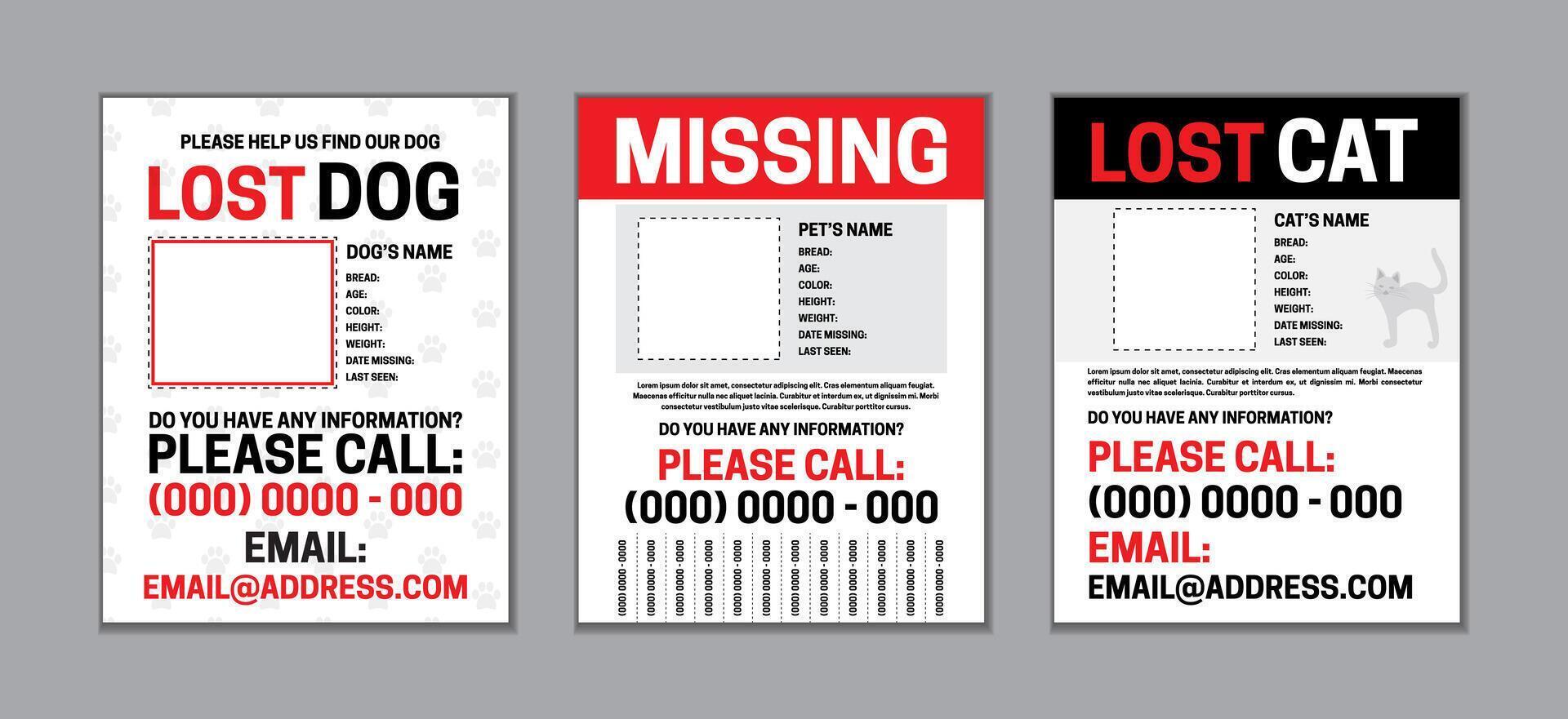 Missing or Lost Pet Page Template Set with Dog and Cat Design vector