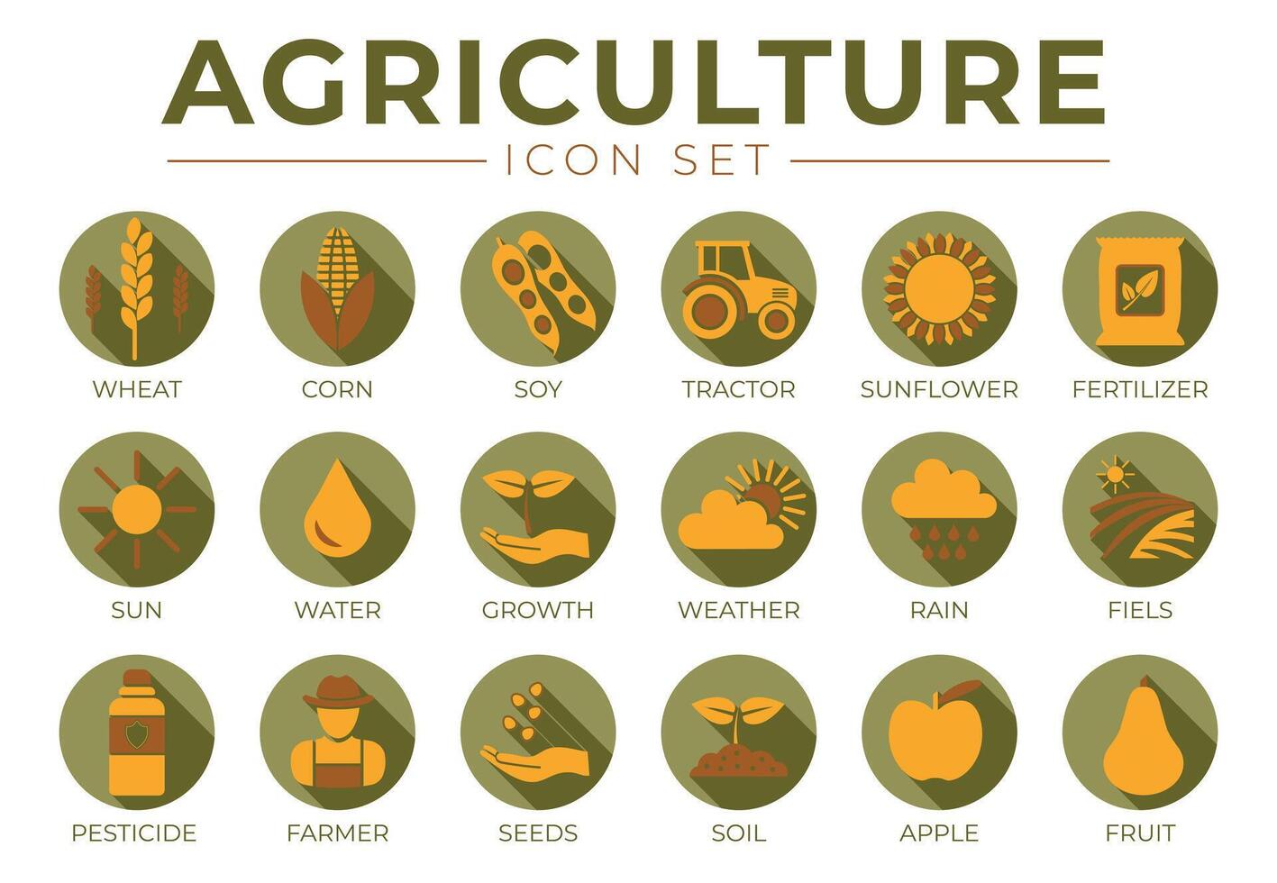 natural agricultura redondo icono conjunto de trigo, maíz, soja, tractor, girasol, fertilizante, sol, agua, crecimiento, clima, lluvia, campos, pesticida, granjero semillas, suelo, manzana, Fruta iconos vector