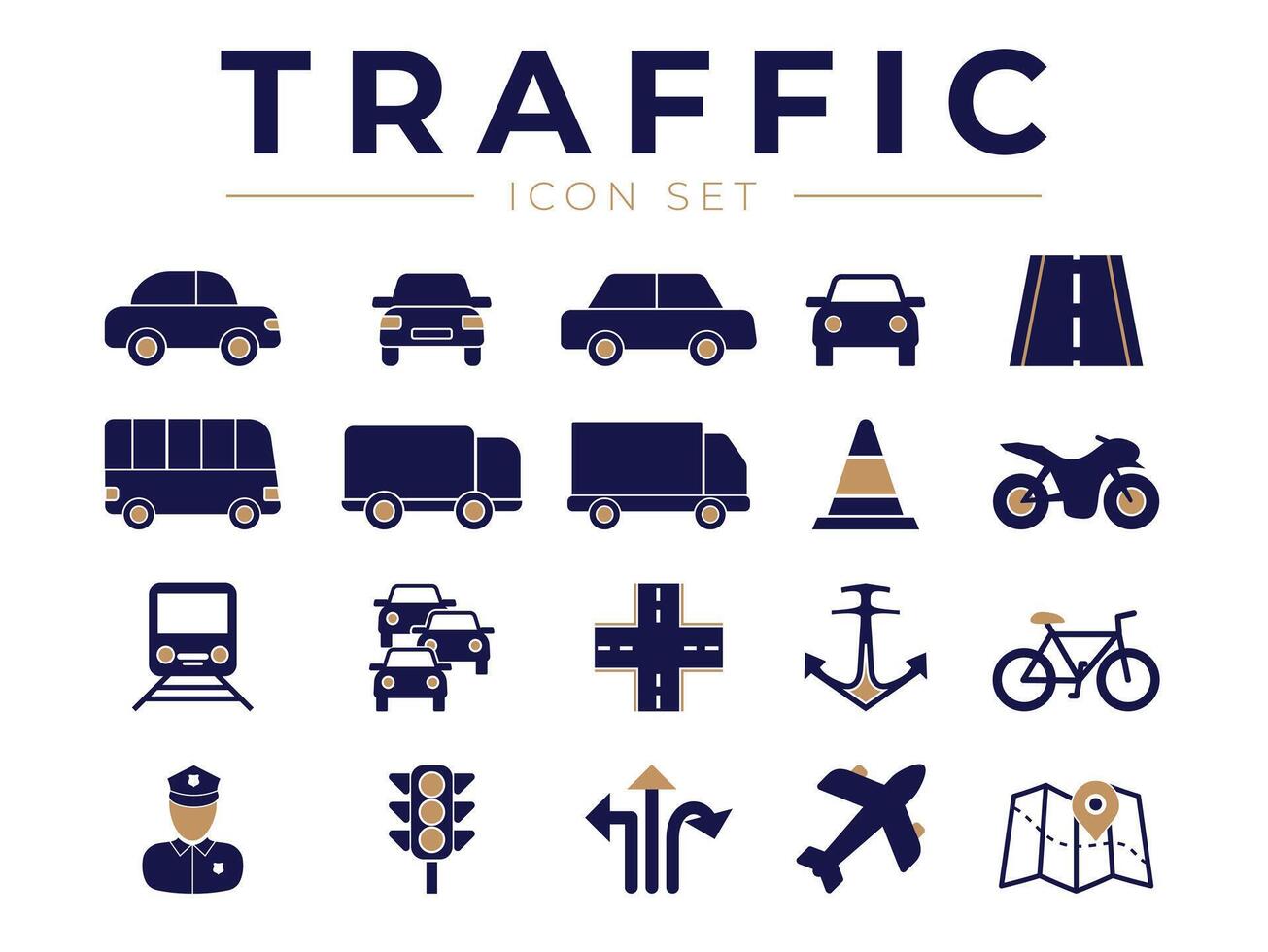 Traffic Icon Set with Car, Truck, Road, Motorcycle, Bicycle, Train, Airplane, Policeman, Marine, Bus, Map, Lights Icons vector