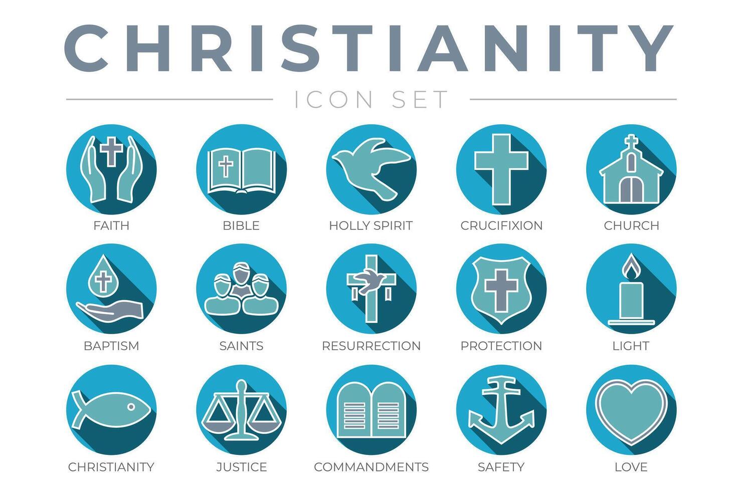 Blue Outline Christian Icon Set with Faith, Bible, Crucifixion , Baptism, Church, Resurrection, Holy Spirit, Saints, Commandments,Light, Protection, Justice, Safety and Love Thin Icons vector