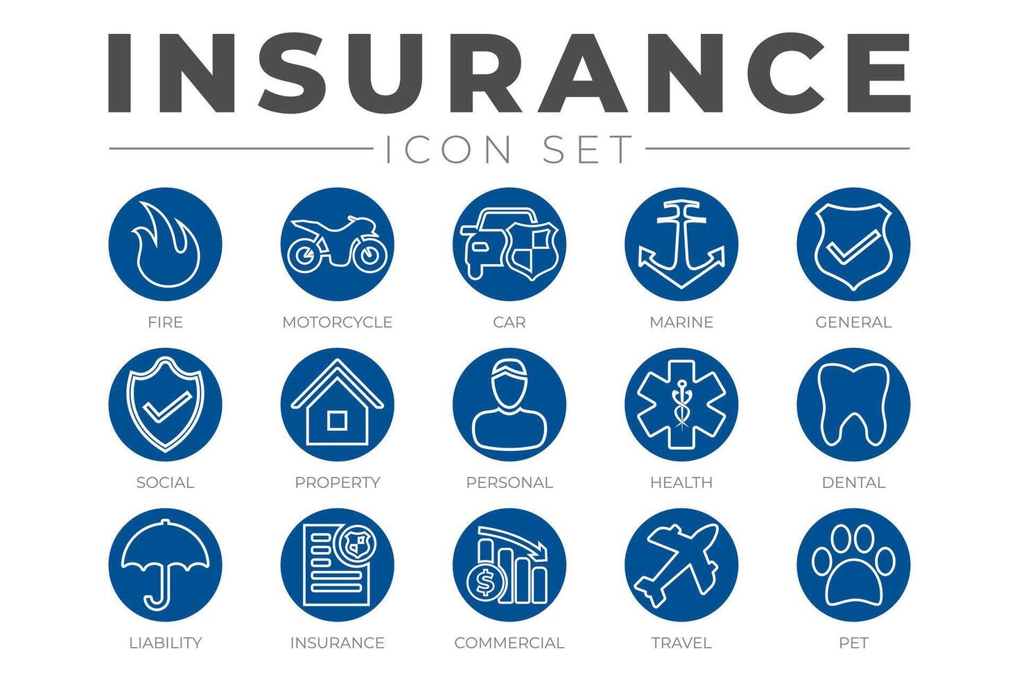 Round Outline Insurance Icon Set with Car, Property, Fire, Life, Pet, Travel, Dental, Commercial, Health, Marine, Liability Web Icons vector