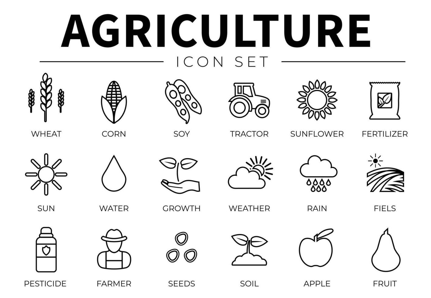 agricultura contorno icono conjunto de trigo, maíz, soja, tractor, girasol, fertilizante, sol, agua, crecimiento, clima, lluvia, campos, pesticida, agricultor, semillas, suelo, manzana, Fruta íconos vector