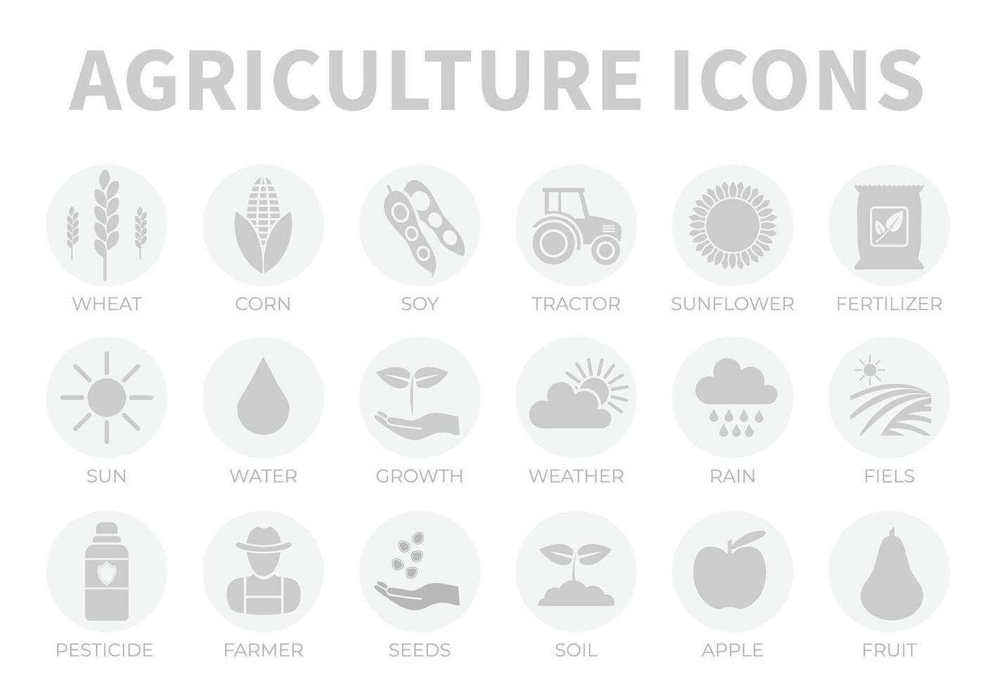 ligero gris agricultura redondo icono conjunto de trigo, maíz, soja, tractor, girasol, fertilizante, sol, agua, crecimiento, clima, lluvia, campos, pesticida, granjero semillas, suelo, manzana, Fruta iconos vector