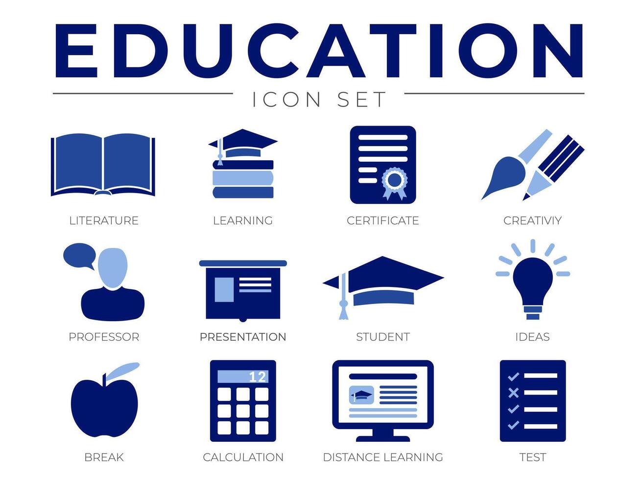 Education School Icon Set. Literature, Learning, Certificate, Creativity, Professor, Presentation, Student, Ideas, Calculation, Distance Learning Test Icons vector