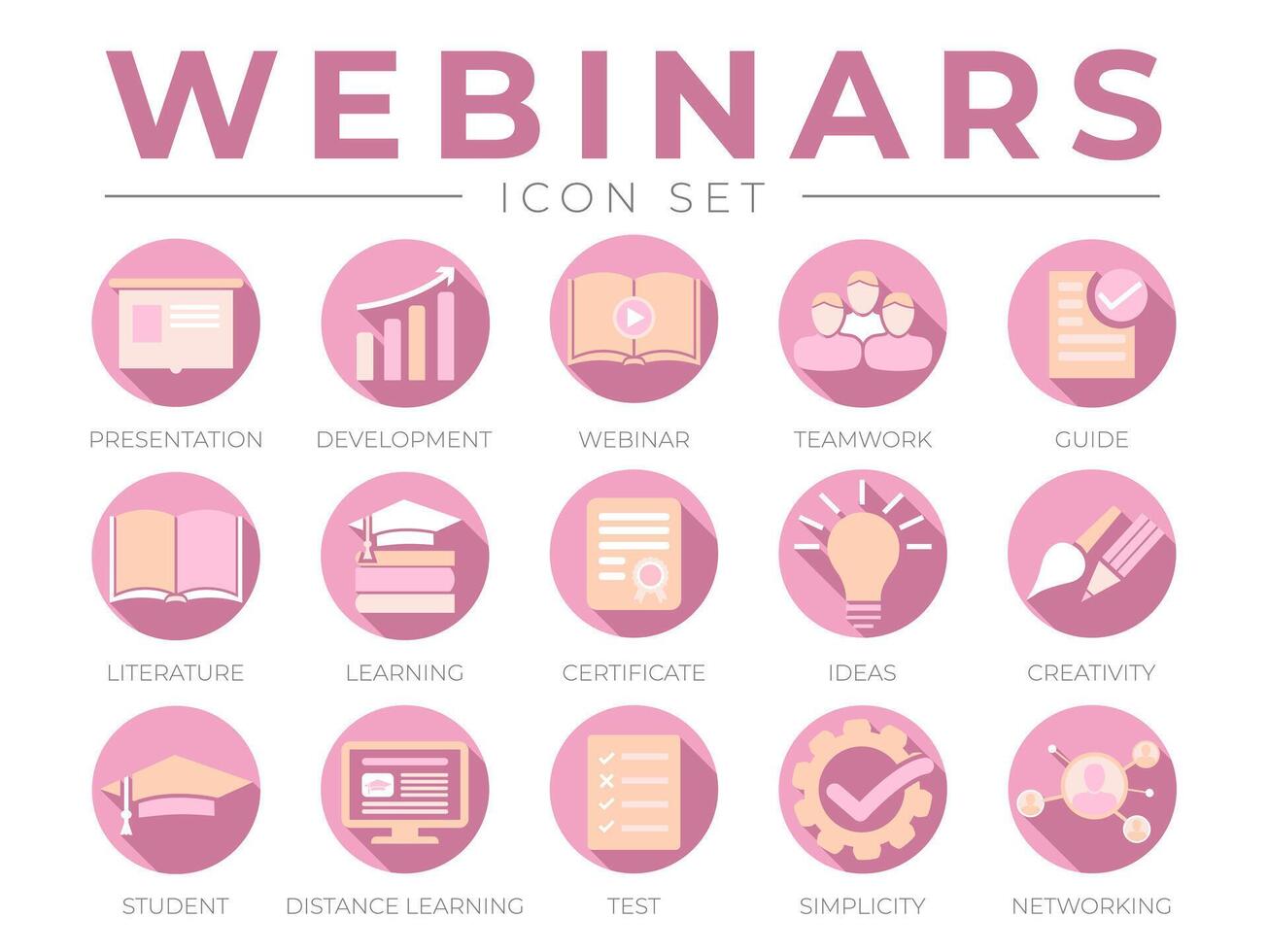 femenino seminario web icono conjunto para mujer. presentación, desarrollo, seminarios web, redes iconos vector