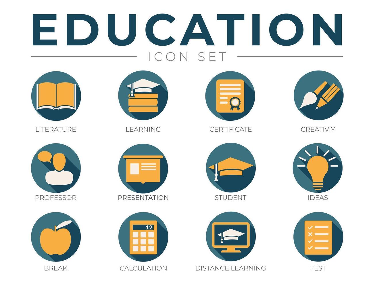 Yellow and Blue Education School Icon Set. Literature, Learning, Certificate, Creativity, Professor, Presentation, Student, Ideas, Calculation, Distance Learning Test Icons vector