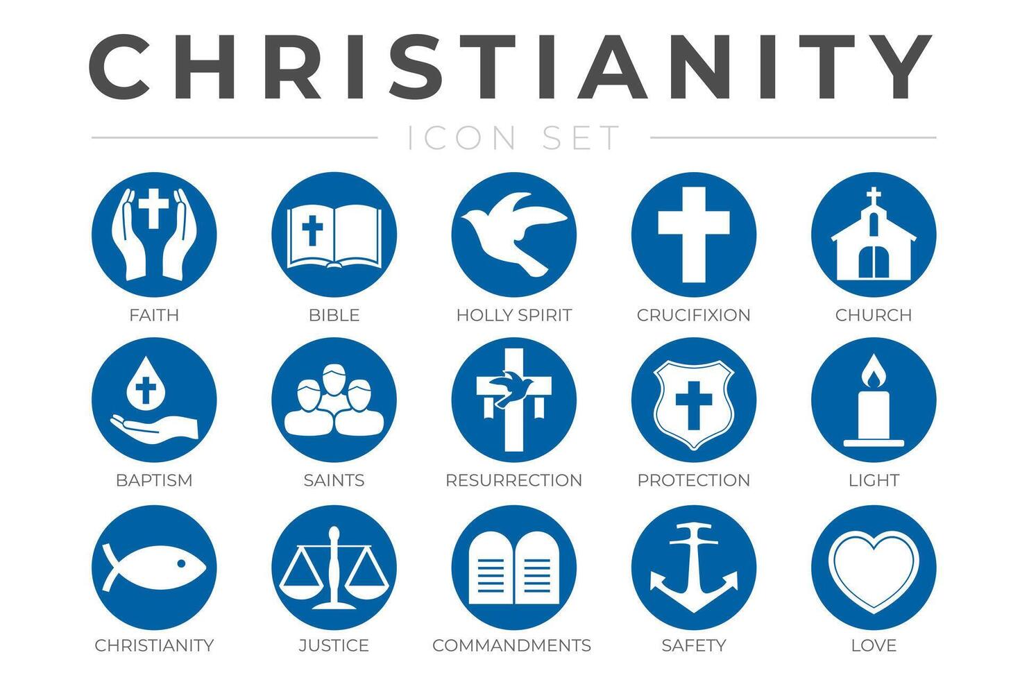 Round Christianity Icon Set with Faith, Bible, Crucifixion , Baptism, Church, Resurrection, Holy Spirit, Saints, Commandments,Light, Protection, Justice, Safety and Love Christian Icons vector