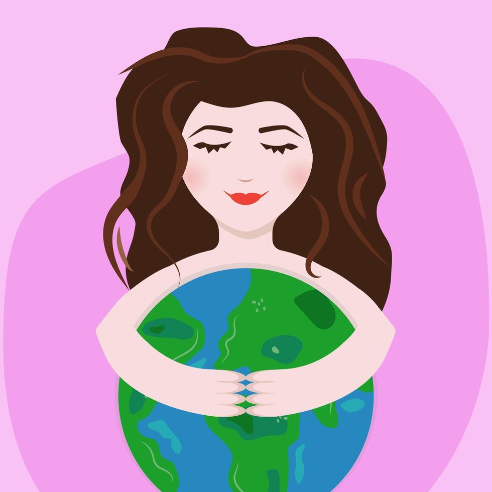 Girl Holding Planet Earth with Hands. Woman Hug the Globe Illustration. vector