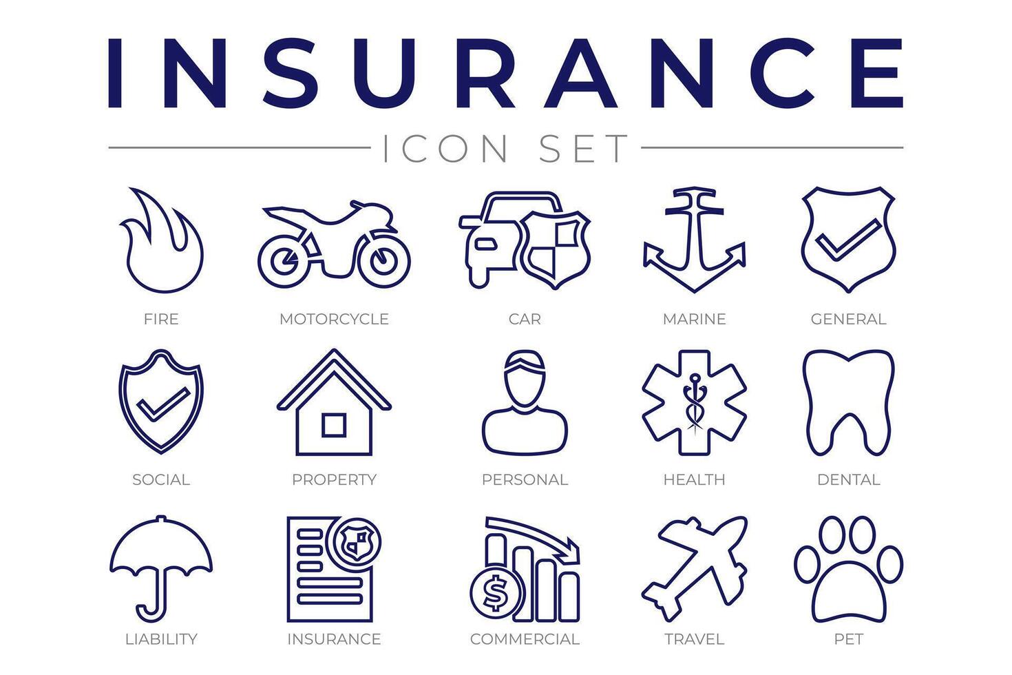 Outline Insurance Icon Set with Car, Property, Fire, Life, Pet, Travel, Dental, Commercial, Health, Marine, Liability Web Icons vector