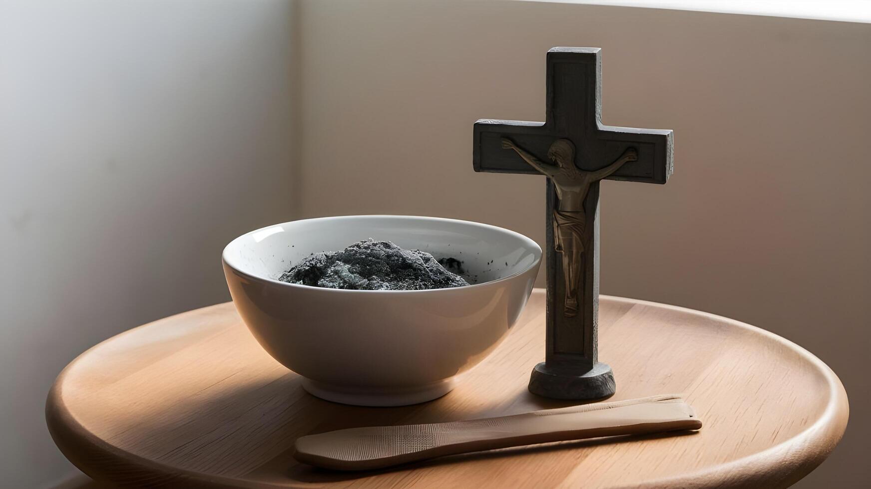 Ash Wednesday Concept Bowl with Ash and Holy Cross photo