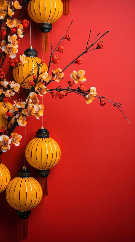 China new year lanterns and decorations on red background photo