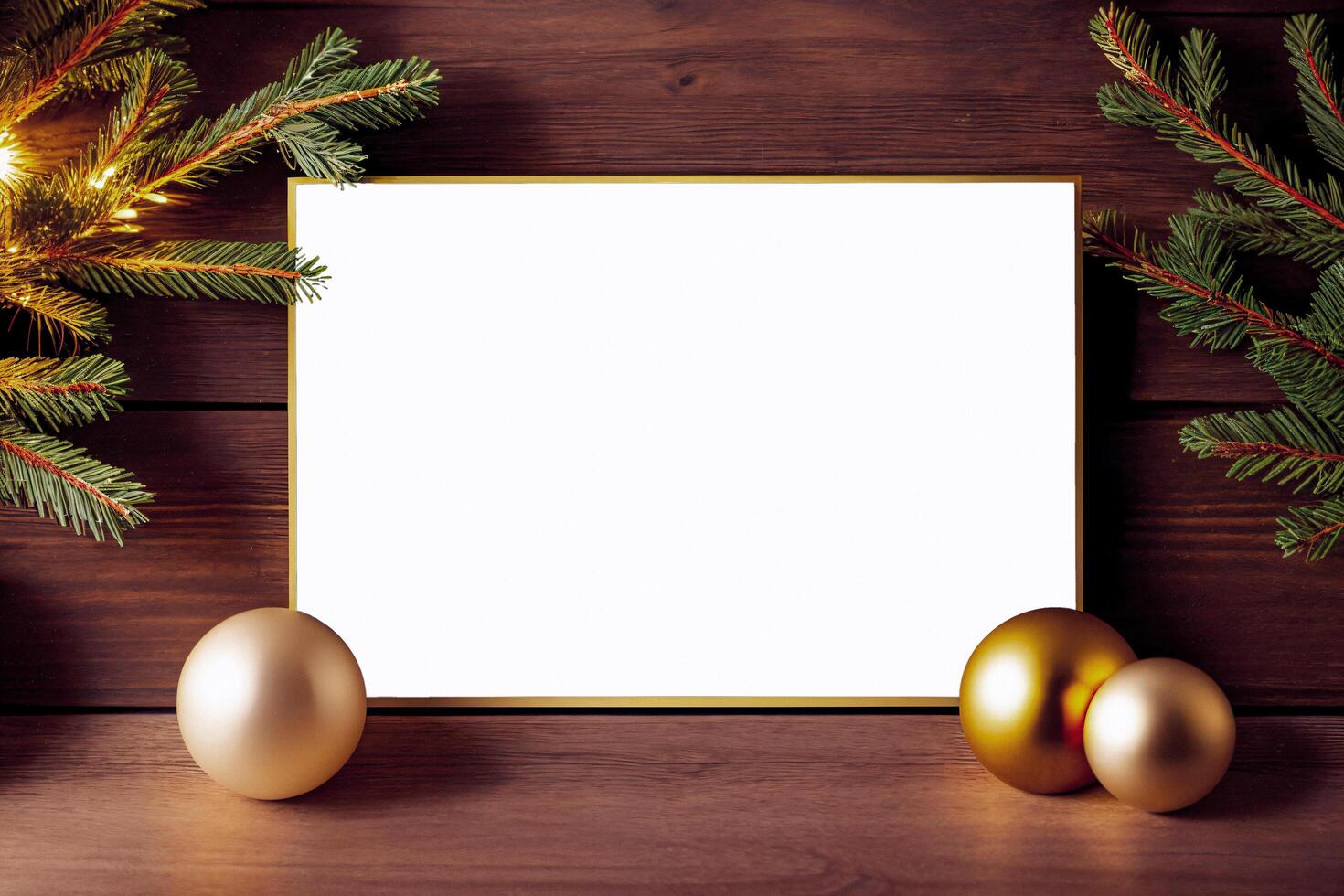 Christmas poster mockup with toys and spruce branch photo