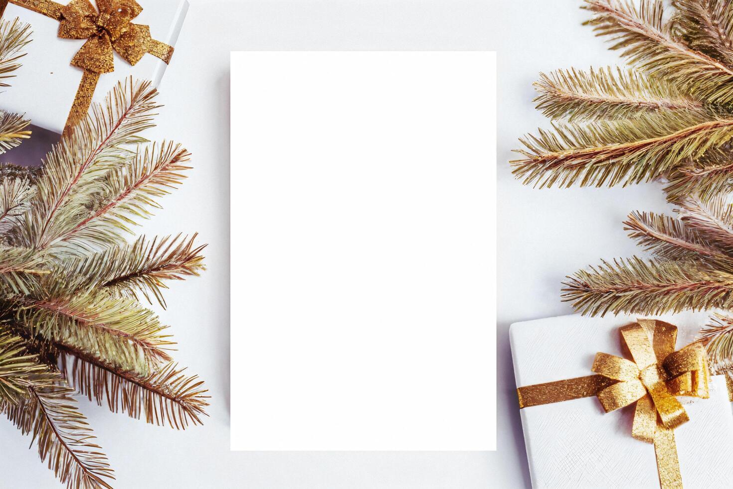 Christmas vertical poster mockup with gold toys and spruce branch photo