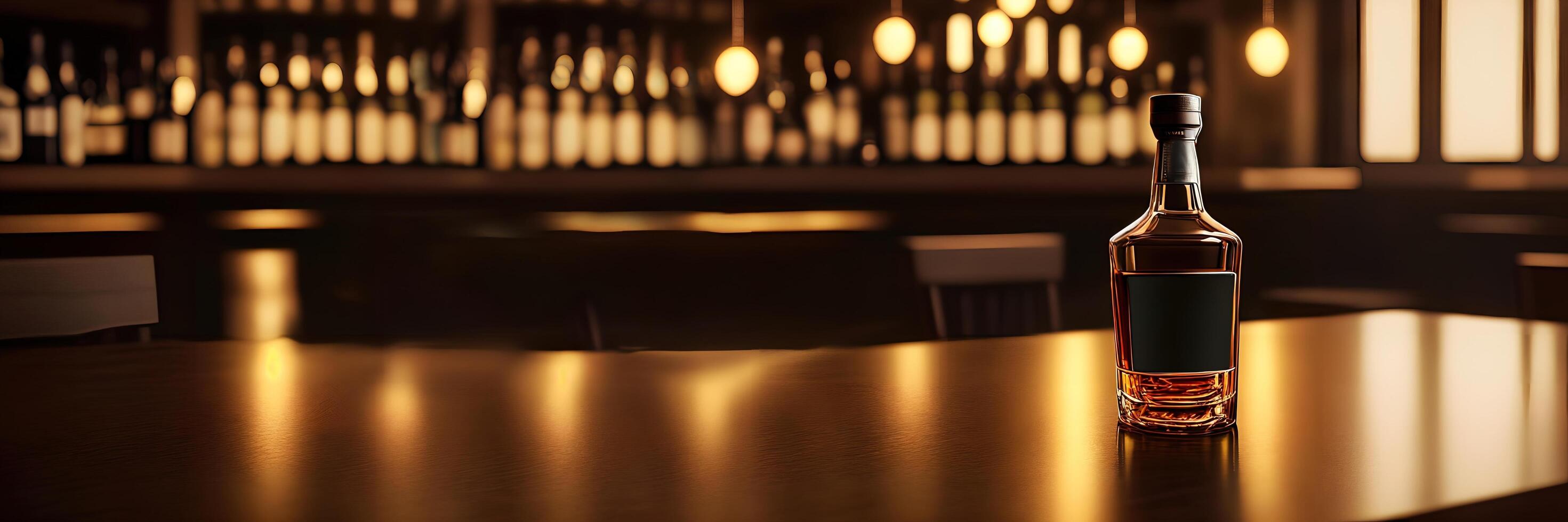 A single bottle of whiskey in right corner of the table of the bar, dark colored image photo