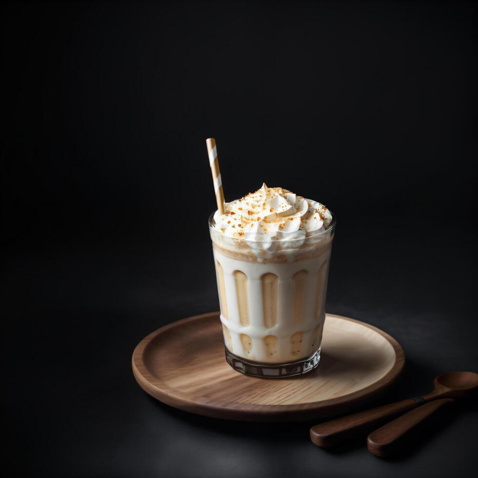 Drink milk dessert with whipped cream in glass on wooden plate photo