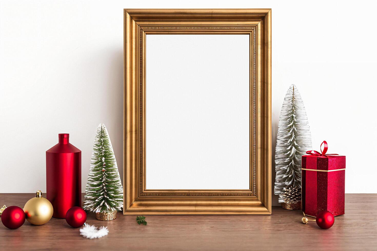 Vertical gold frame mockup with christmas toys photo