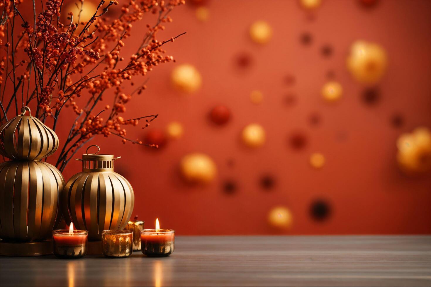 China new year lanterns and decorations on red background photo