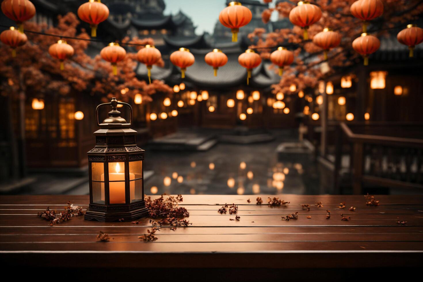 Lamp on table with china lanterns background photo