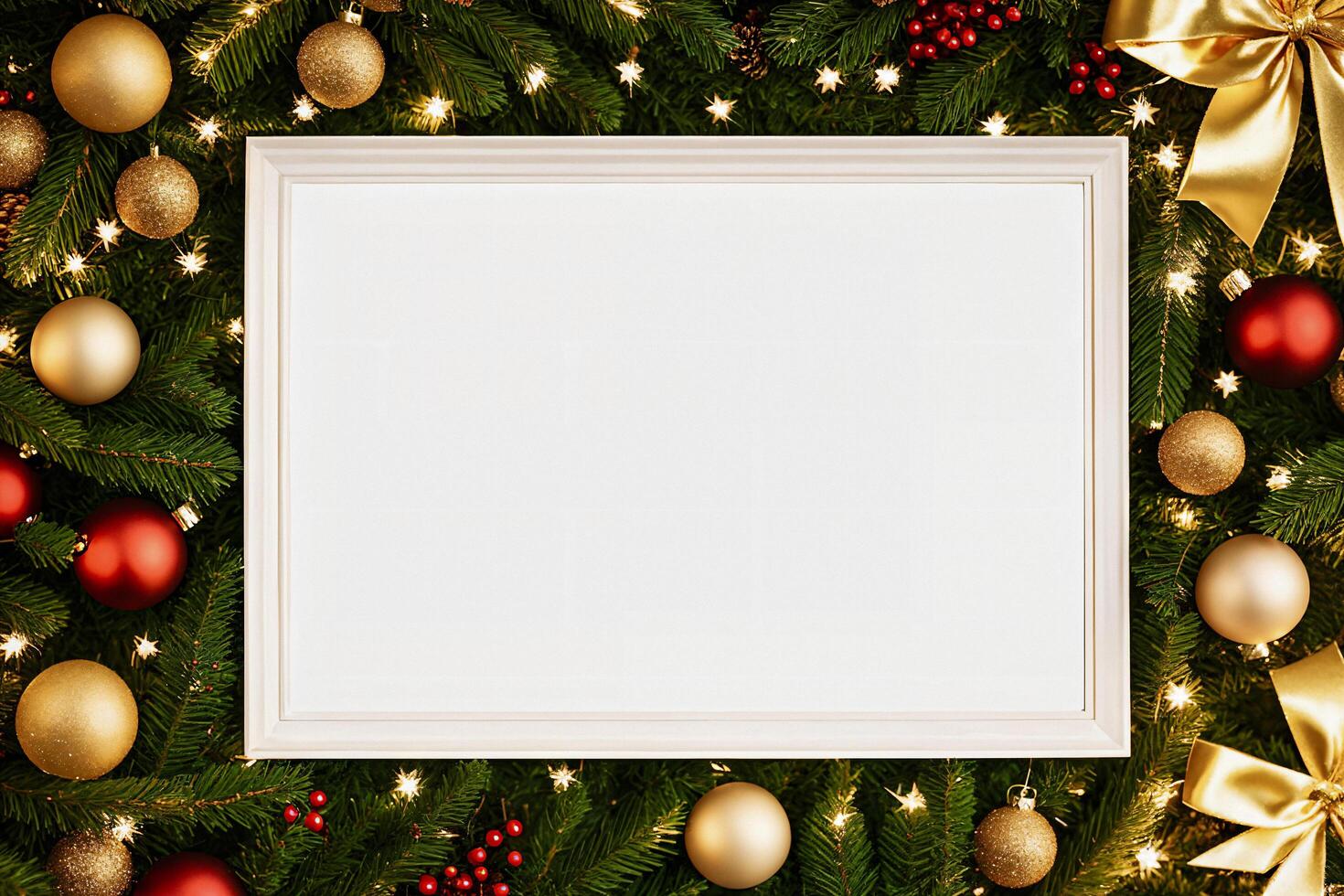 White horizontal blank frame with christmas toys background photo