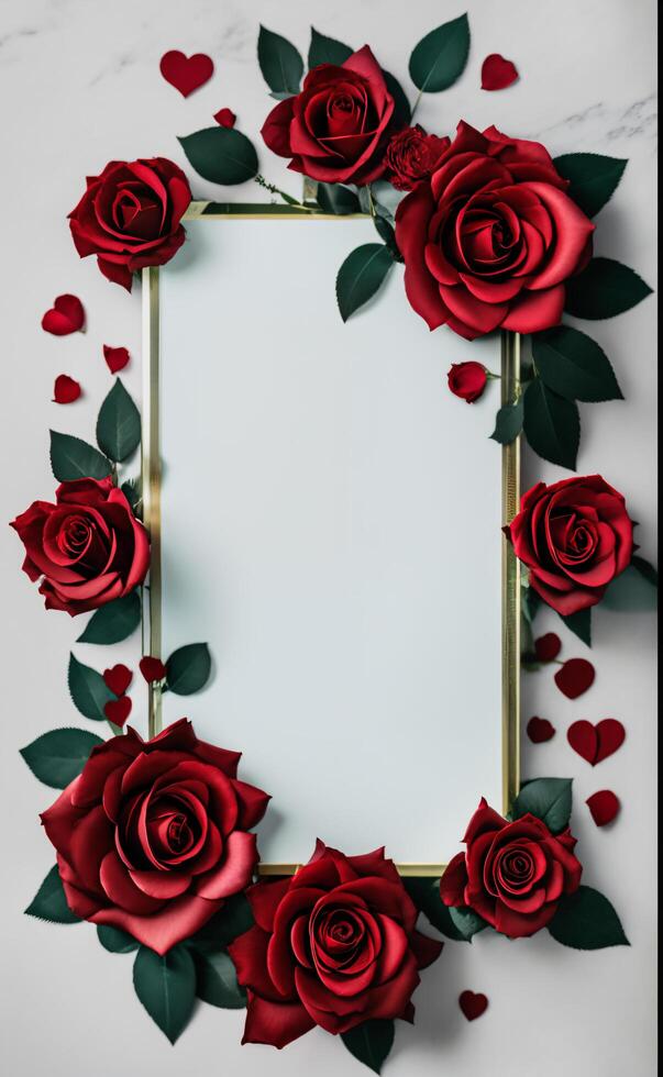 Vertical blank frame with red roses for valentines day photo
