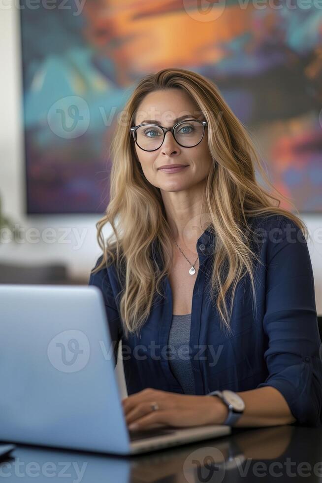 moderno profesionalismo, un americano hora gerente, revestido en un camisa, sentado en frente de un computadora portátil, encarna contemporáneo corporativo estilo foto