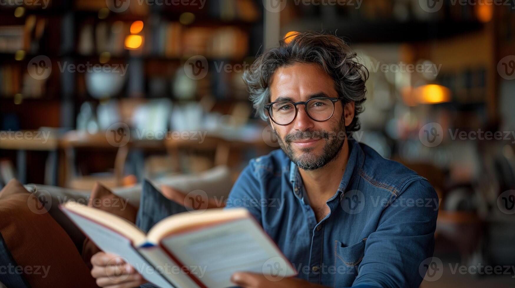 Portrait of handsome man in eyeglasses reading book in cafe photo