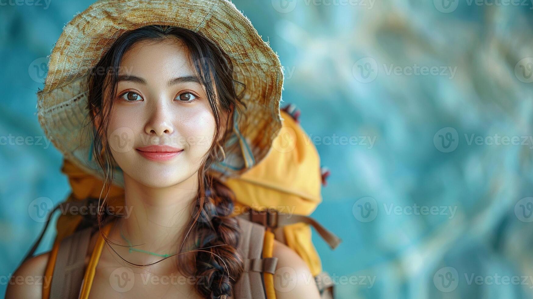 Portrait of beautiful Asian woman wearing straw hat and sunglasses ready to travel, travel concept photo