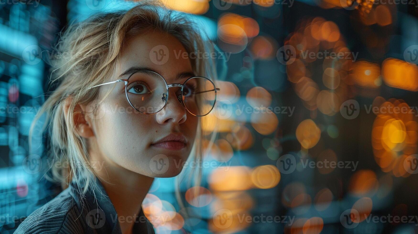 Casual woman analyzing data science in office with data visualization with artificial intelligence neural network architecture. photo