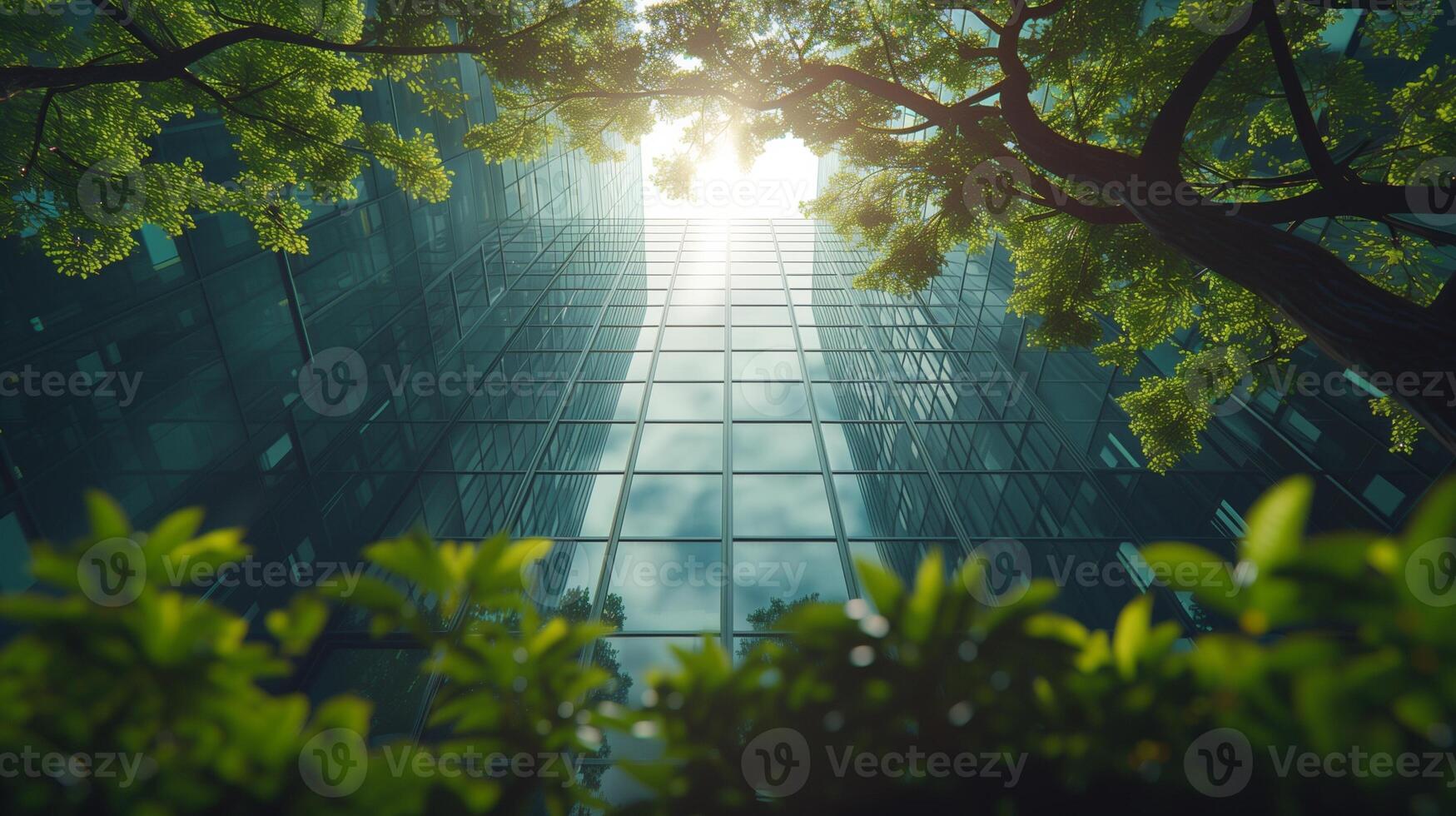 Reflection of green trees in the windows of a modern office building, Eco-friendly Concept. photo