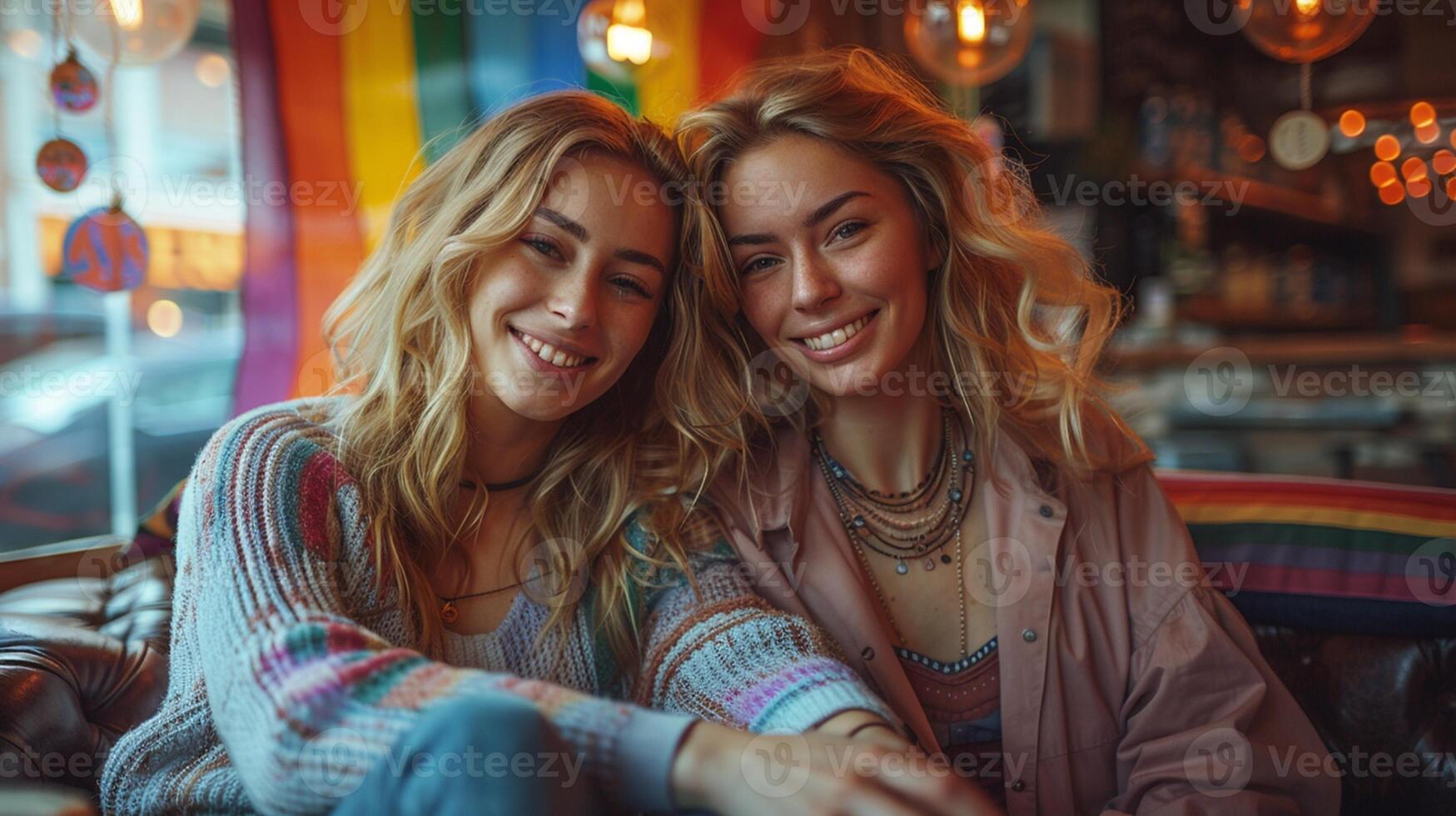 Two asian women using laptop computer at coffee shop. LGBT concept. photo