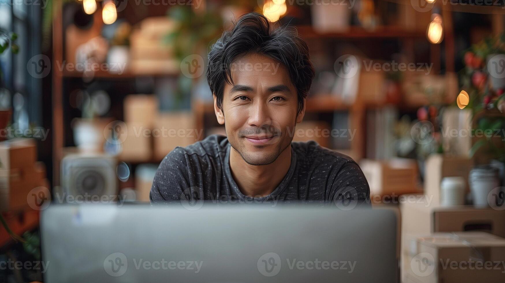 Young Asian man using laptop at small warehouse. Startup and online shopping concept. photo