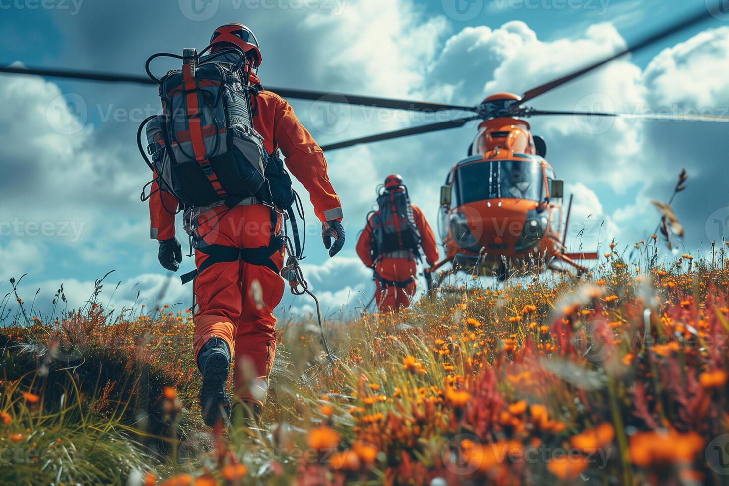 Rescue helicopter in the mountains. Rescue team. Rescue helicopter. photo