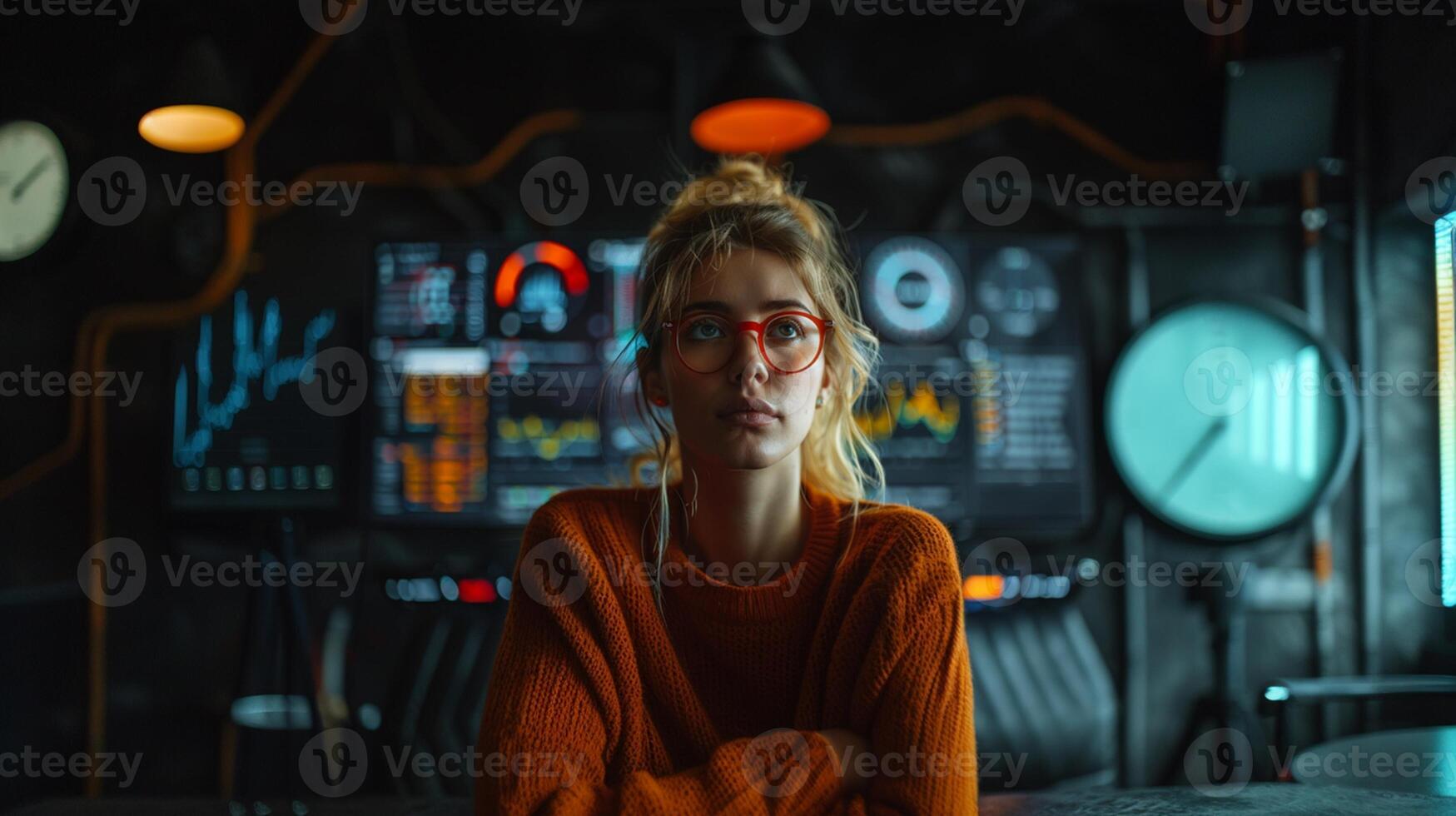 Casual woman analyzing data science in office with data visualization with artificial intelligence neural network architecture. photo