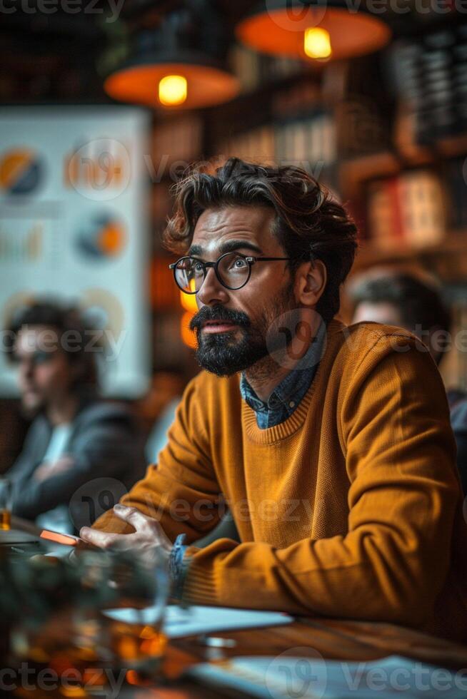 Businessman presenting data in office with data visualization with artificial intelligence neural network architecture. photo