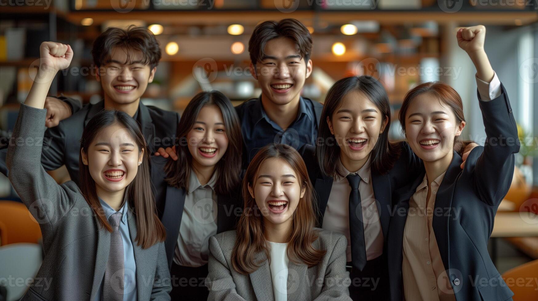 Group of happy asian business people celebrating success in office. Business success concept. photo