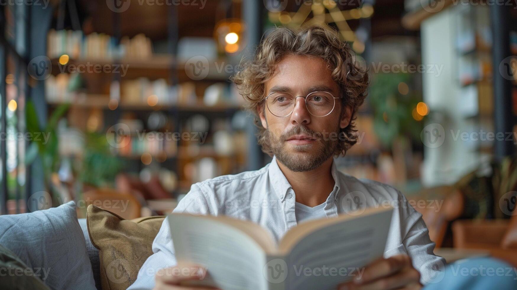 retrato de hermoso hombre en los anteojos leyendo libro en café foto