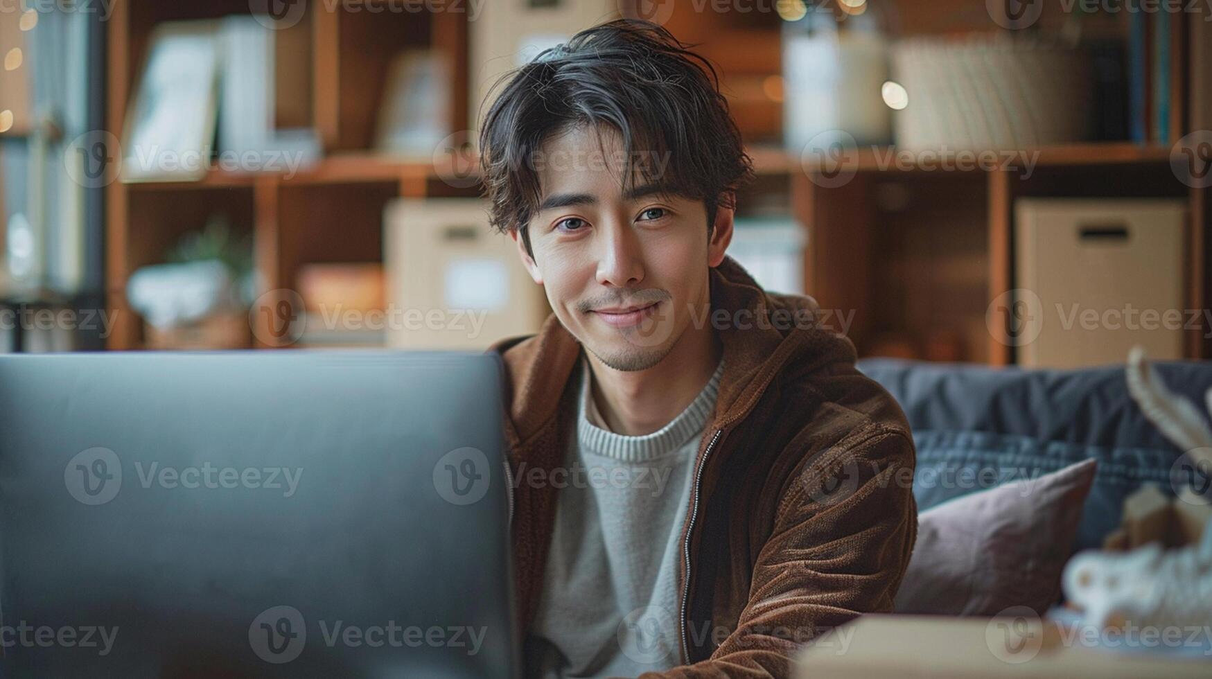 joven asiático hombre utilizando ordenador portátil a pequeño depósito. puesta en marcha y en línea compras concepto. foto